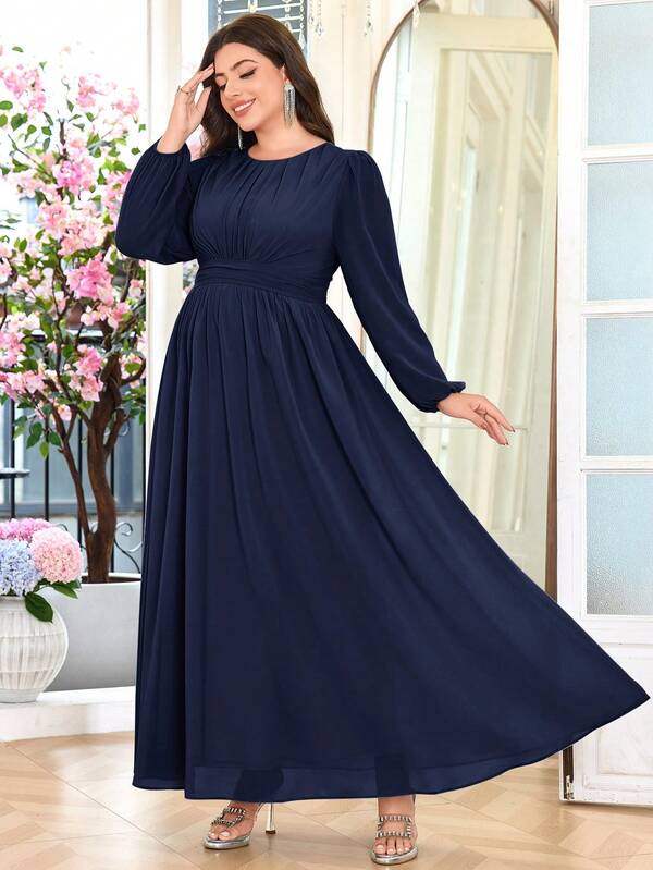 Volly Toych Navy Blue Plus Size A-Line Scoop Long Sleeve Floor-Length Chiffon Formal Bridesmaid Dress