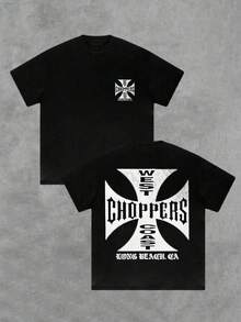 Playera de verano para hombre, con estampado de letras y logotipo, cuello redondo, manga corta, 100 % algodón, 220 g, algodón grueso, cómoda - Negro - Ver 1