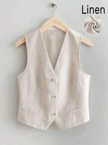 Plus Size Women Casual Linen Short Suit Vest Jacket, Wiosna/Lato