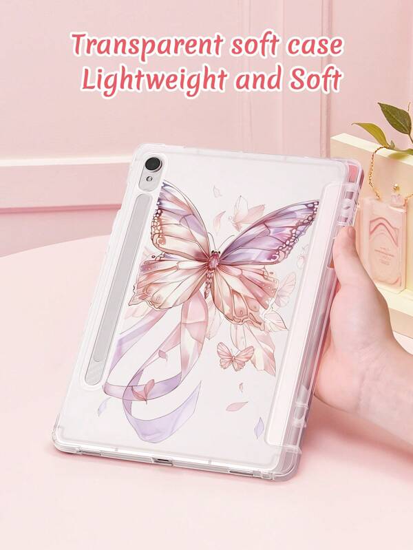 1pc Cute & Simple Big Butterfly Pattern Transparent Shockproof Tablet Protective Case With Pencil Slot, Compatible With Samsung IPad