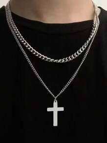 Set de 2 collares con colgante de cruz de acero inoxidable de doble capa, estilo punk y hip-hop para hombres