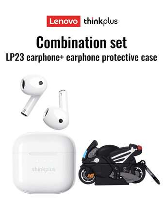 Lenovo LP23 Bluetooth-hörlurar med skyddsfodral, stereoljud, HD-röstsamtal, känslig mikrofon, smart brusreducering, musik och spel i dubbelläge, låg latens, lång batteritid, lämplig för smartphones och datorer