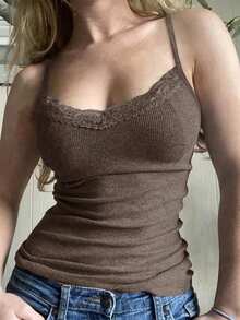 GAOVOT Women's Lace Patchwork Camisole, Sexy Fitted Y2K Style, Spring/Summer Casual - Brown - View 3