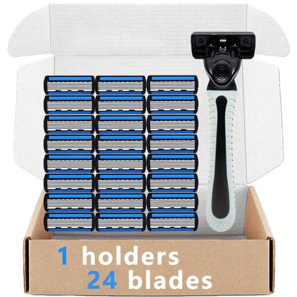 6-Layer Men's Manual Shaving Razor Set With Non-Slip Metal Handle & Replacement Blades - Perfect For Trimming Beard And Stubble/Men's Grooming Kit | Stylish Razor Design/ Shaving Razor Set, Beard Grooming Kit