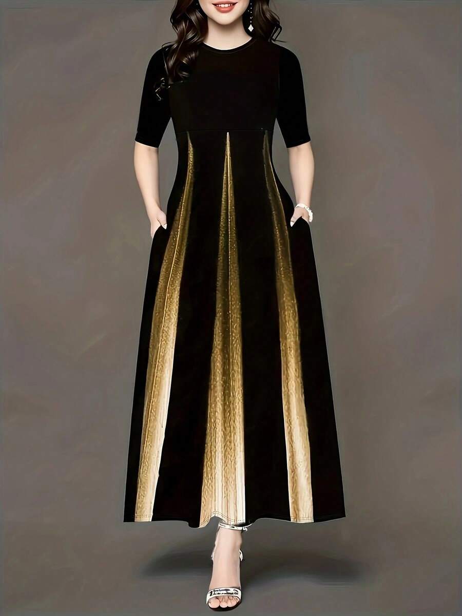 欧美夏季新款圆领端庄女士印花渐变长裙 - 黃色 - 查看 1