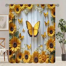 2 Stücke Vintage Frühlings Blumen Vorhang Set, mit Sonnenblumen & Schmetterlingen, aus strapazierfähigem Polyester, geeignet für Küche, Café, Wohnzimmer und Balkon (Stangen nicht enthalten)