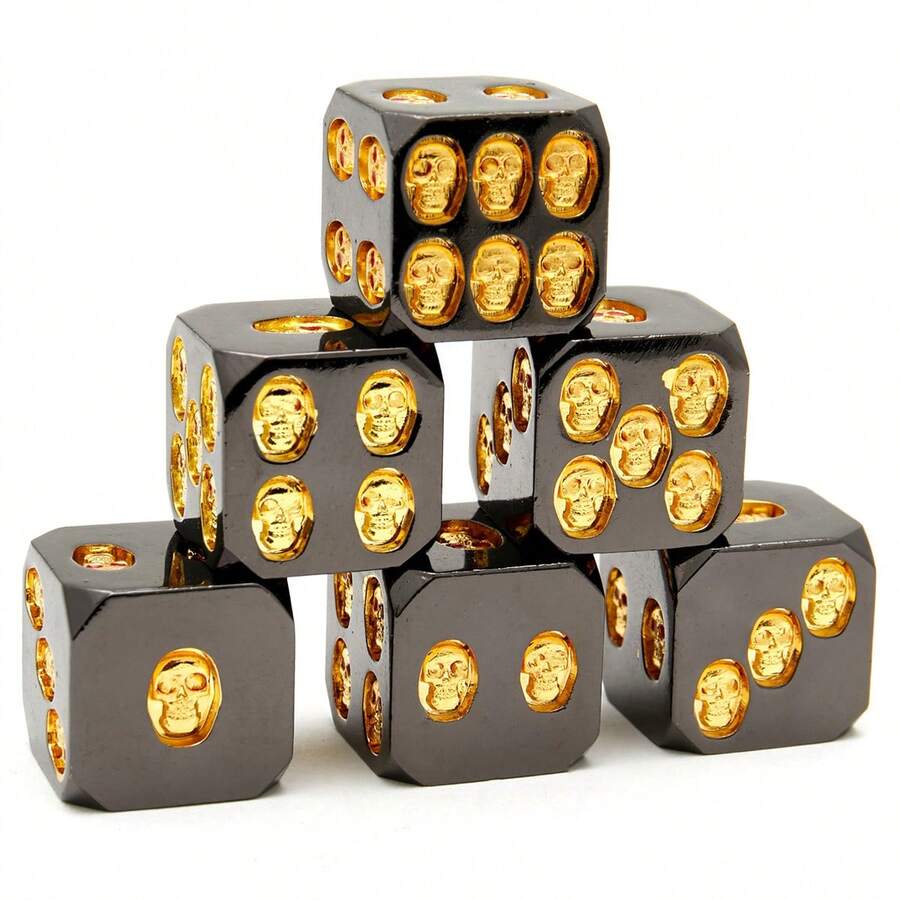 6Pcs Black Skull Metal D6 Dice Set - Perfect For Role-Playing Games, Pathfinder And Board Games - Includes 6 D6 Dice With Unique Patterns - Black - View 1