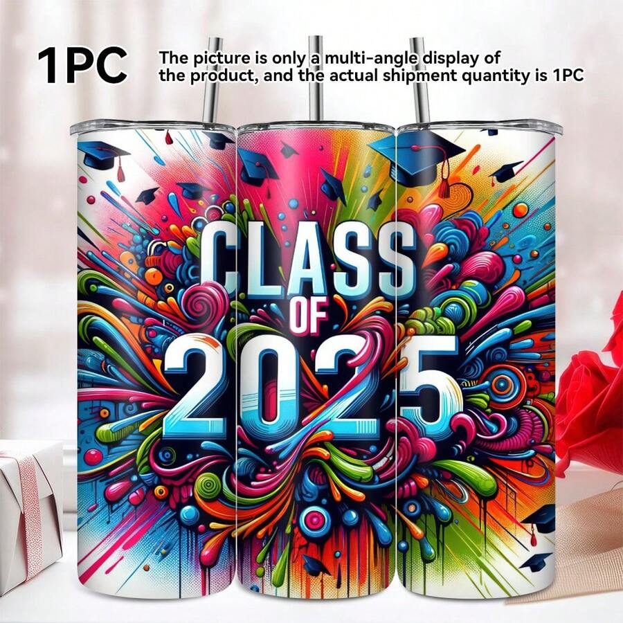 1pc20oz2025烟花隔热印花咖啡杯、水杯、水瓶，不锈钢材质，保温保冷，生日礼物、节日礼物、送给朋友、家人和亲戚的周年纪念礼物，适用于汽车、户外、办公室、家庭和其他场合，配有杯刷、杯盖和吸管。
