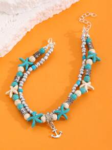 1 Stück modischer, vintage Mehrschicht-Fußkette mit Türkis, Muschel, Reisperlen, geeignet für Männer und Frauen, Strand Urlaub Party Accessoire