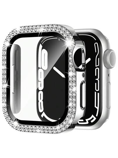 1 Stück Silber Herren Damen glänzender Strass Dekor modischer glamouröser Anti-Sturz 2 in 1 ultradünner gehärteter Glas Bildschirmschutz Hülle, kompatibel mit Apple Watch Hülle 38/40/41/42/44/45/46/49mm, für Apple Watch Series Ultra/SE/11/10/9/8/7/6/5/4/3/2/1, intelligentes Uhr Zubehör