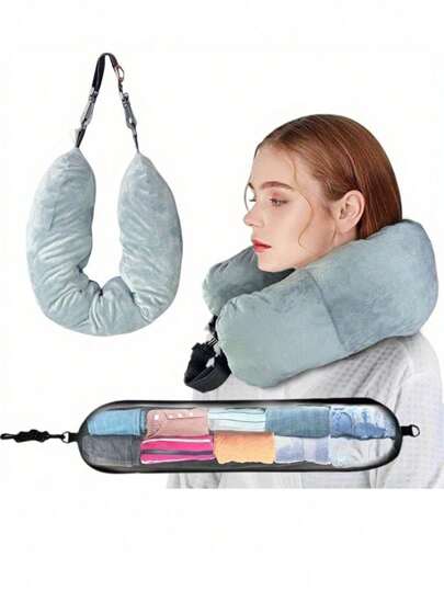 1pc Super Soft Adjustable Neck Pillow With Large Capacity And Long Zipper For Easy Travel, Suitable For Cars, Airplanes, With Storage Bag And Shoulder Strap Holiday Essentials Holiday Travel Essentials Travel Bag Travel Accessories Bag For School School Accessories School Stuff