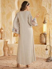 Embroidered Loose Elegant Vacation Long Dress, Modest - Grey - View 3