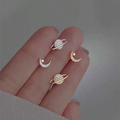 1 Pair Elegant Asymmetric Star & Moon Design Stud Earrings, Suitable For Gifts
