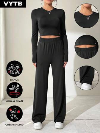 2 pezzi Set da donna, maglietta a maniche lunghe a girocollo corta e pantaloni casual con vestibilità morbida