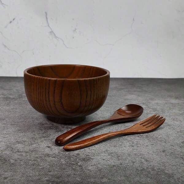 3pcs/Set Wooden Tableware, Including 1pc Bowl + 1pc Spoon + 1pc Spoon/Chopstick, Persimmon Wood Japanese Style Vintage Salad/Soup Bowl Set, Dishware For Home,School Supplies