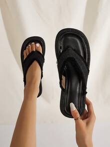 Black Washed Canvas Flip Flops With Soft Non-Slip Thong, Thick Sole, Fashionable New Style, Comfortable & Versatile For Indoor/Outdoor Wear, Suitable For All Seasons. (Note: The Toe Area Of New Shoes May Be A Bit Stiff, Recommend Wearing At Home For A Few Times To Break In Before Wearing Outdoors To Reduce Friction) - Denim Black - View 11