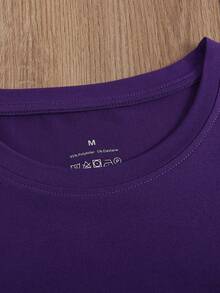 Women's Pure White Short Sleeve T-Shirt, Women's Casual Round Neck Comfortable Sports T-Shirt, Women's Top, Spring/Summer Clothing, Holiday Gift, Women's Summer Short Sleeve T-Shirt - Purple - View 6