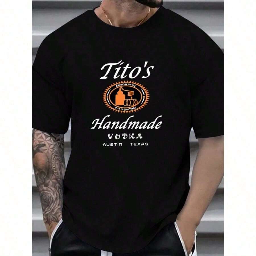 Tito's Hand-Printed Men's Round Neck Short Sleeve Cotton T-Shirt, Casual Summer T-Shirt For Daily Wear - màu đen - Xem 1
