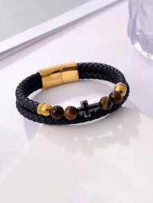 1pc Retro Multi-Layer Leather Rope Bracelet With Cross Beads, Braided Wristband For Men, Daily Wear - Gold - View 11