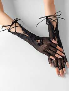 1 Pair Black Long Fingerless Fishnet Gloves With Strap, Retro Chic For 12-16 Years Old, Punk Sexy Hollow Net Gloves For Party - one-size - View 6