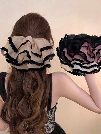 1个女士优雅蕾丝边双层网纱发圈，大号发绳，可扎马尾辫、凌乱发髻，多功能发饰，波西米亚风，适合春夏佩戴。