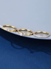 Conjunto de 3 anéis de aço inoxidável com zircônia cúbica, banhados a ouro 18K, hipoalergênicos, estilo elegante, adequados para uso diário e festas femininas, presente