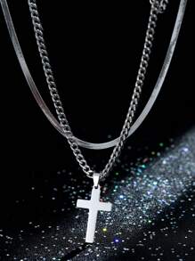 Set de 2 collares con colgante de cruz de acero inoxidable de doble capa, estilo punk y hip-hop para hombres