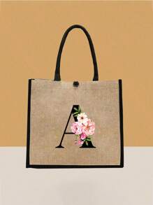Conjunto com 2 peças: uma bolsa de linho cáqui com iniciais de flores rosa e uma pequena bolsa combinando, simples e elegante, bolsa personalizada para presente de casamento para madrinhas, bolsa de maquiagem, bolsa de viagem simples para armazenamento, carteira de cosméticos de cor sólida, bolsa de maquiagem de viagem com grande capacidade: a combinação perfeita para belezas ao ar livre! Adequada para casamentos, aniversários e praia.