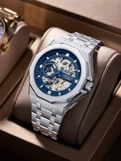 LONGLUX 1pc Men's Hollow Automatic Mechanical Watch, Waterproof Steel Band Wrist Watch, Suitable For Daily Wear & Gift