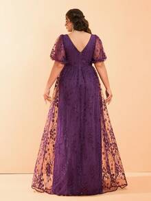 Plus Size V-Neck Embroidered Lace Lantern Sleeve Front Slit High-End Evening Gown, Bridesmaid Dress - Purple - View 2