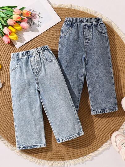 2pcs/Set Baby Girls Elastic Waist Loose Fit Jeans