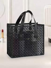 1pc Classic Black Heart Mesh Large Capacity Portable Makeup Bag, Travel, Beach Party Storage, Breathable Mesh Suitable For Dorm, Home And Outdoor, Great Gift For Girls, Women Recommended Item