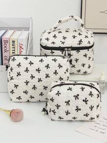 1 Black & White Color Matching Cosmetic Bag With Bow Pattern, Multifunctional Makeup Storage Bag