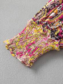 Multi-Color Floral Patchwork Ruffle Cuff Button-Up Shirt Spring - Yellow - View 5