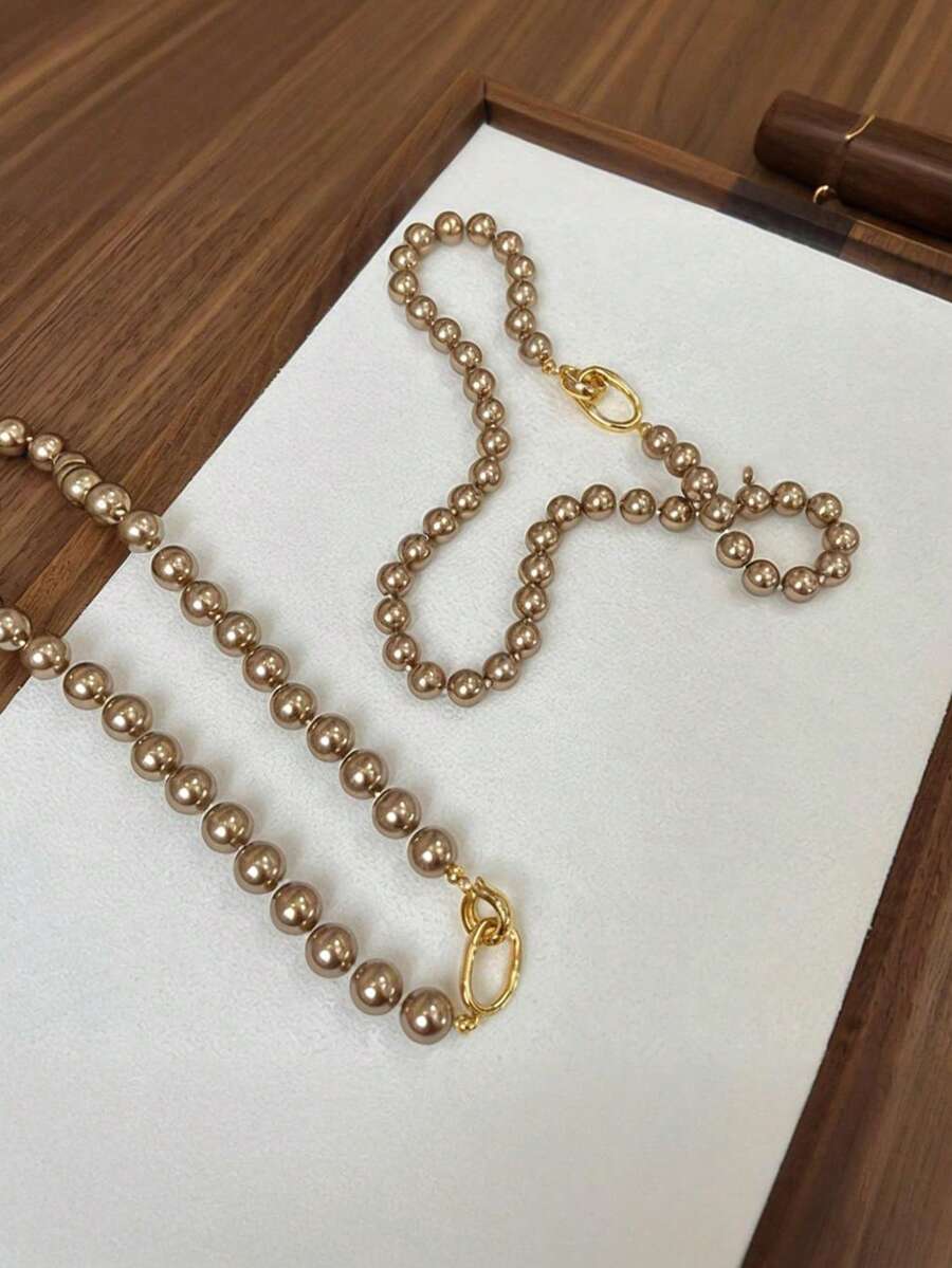 1pc 10mm Mallade System Mocha Brown Vintage Shell Pearl Necklace, Delicate Minimalist Choker For Women, Suitable For Daily, Party, Gift - Beaded Necklace - View 1