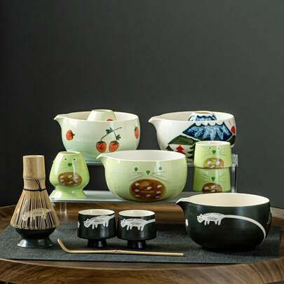 6-Pcs Cute Strawberry/Cat Matcha Whisk Set: Matcha Scoop, Matcha Cups, Matcha Bowls, Stand, Matcha Brush - Traditional Song Dynasty Tea Ceremony Accessories, Japanese Matcha Set