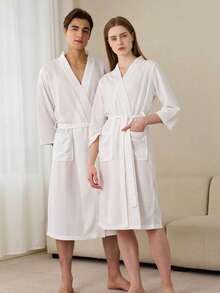 1 件华夫格浴袍，吸湿排汗速干男女通用睡衣，春夏季浴袍，适合寄宿家庭、酒店、水疗中心，宽松版型，多种颜色，简约设计，浴室和家居必需品，开学季适用 - 彩色 - 查看 40
