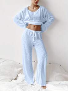 1 Set Women's Solid Color Sheer Fabric Round Neck Long Sleeve Straight Leg Pants Pajama Set, Suitable For Loungewear And Sleepwear - 藍色 - 查看 2