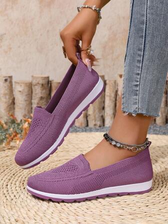 新款舒适轻便针织网面套脚运动鞋，时尚平底乐福鞋