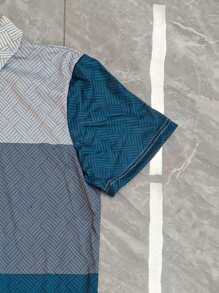 1 Set Men's Sports Casual Suit, Jacquard Splice Print Polo Shirt And Knee Length Shorts Outfit, Summer