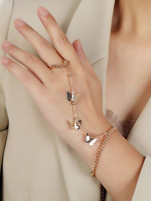 1pc Minimalist Chic Metal Chain With Butterfly Pendant Connecting Finger & Hand Chain, Suitable For Men & Women Casual, Holiday, Fashion, Travel & Photography, Holiday Gift
