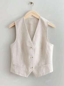 Plus Size Women Casual Linen Short Suit Vest Jacket, Wiosna/Lato