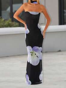 Women Floral Tube Top Dress Slim Off Shoulder Sleeveless Open Back Long Bodycon Dress With Scarf - Blue - View 7