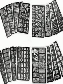 1件套不锈钢美甲印花板套装，DIY美甲印花模板，包含蝴蝶、玫瑰、线条、卡通图案设计，无香型美甲印花工具，适用于美甲设计 - 銀色 - 查看 6