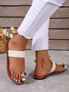 Korean Style Casual Flat Slippers For Women, Open Toe, Woven Roman Design, Spring/Summer, Suitable For Dresses, Outings, Beach, Apartment, Brown Color - White - View 5