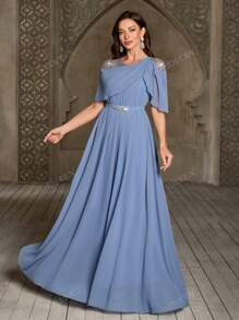 Women's Elegant Long Dress With Shoulder Mesh Patchwork, Beaded, Pleated, Waist Belt Decor, Solid Color