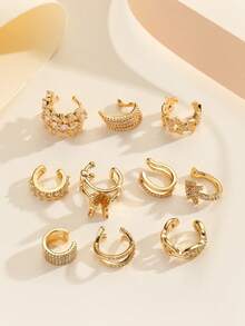 1pc Simple Fashion Cartilage Clip-On Earrings For Women, Double Layer Rhinestone Ear Clips Without Piercing, Copper Plated Gold, Niche Design With High-End Aesthetic - Yellow Gold - View 1