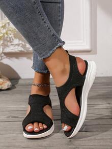 Teens/Students Breathable Knit Casual Flatform Sandals, Soft Comfortable Beach Sandals, EU/US Style For Spring/Summer, Plus Size - Black - View 2