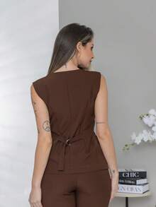 Plain Elegant Vest And Dress Pants Set C3302 - 巧克力棕 - 查看 6