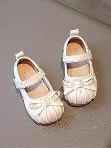 1 Pair Plain Mary Jane Flats With Bow & Flower Design For Girls - Beige - View 1